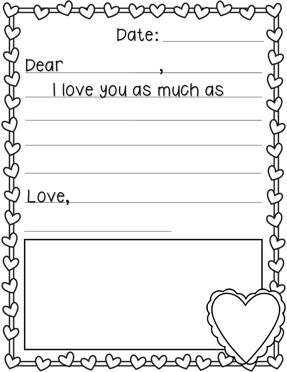 Letter prompt 'I love you as much as...': students address a loved one, finish the comparison, sign and draw