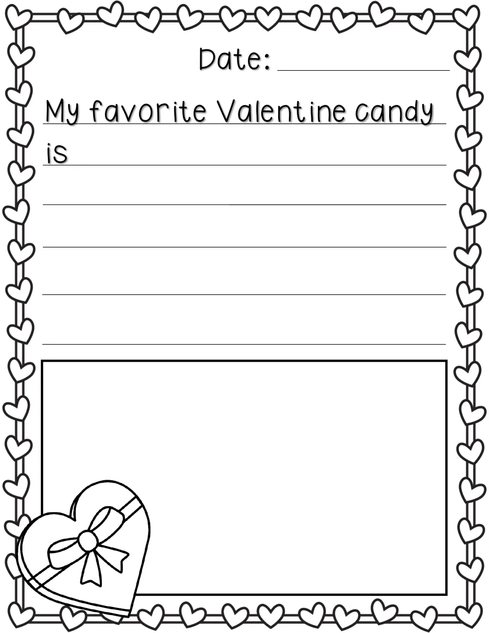 Opinion prompt 'My favorite Valentine candy is...': students date the page, write about a candy and draw it