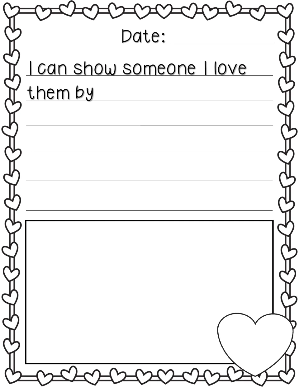 Kindness prompt 'I can show someone I love them by...': students write ways to show love and draw an illustration