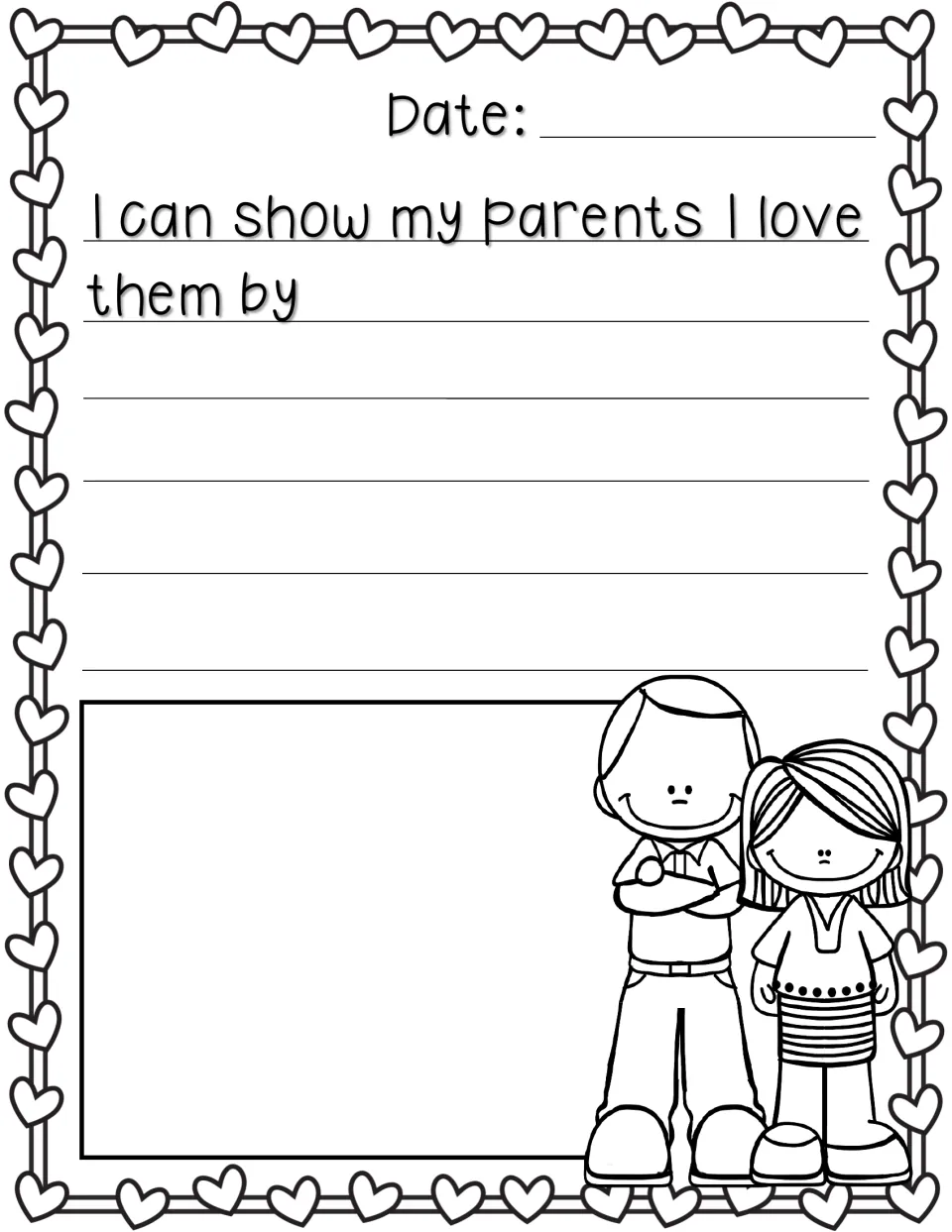 Prompt 'I can show my parents I love them by...': students list caring acts and draw; a mom and dad are pictured
