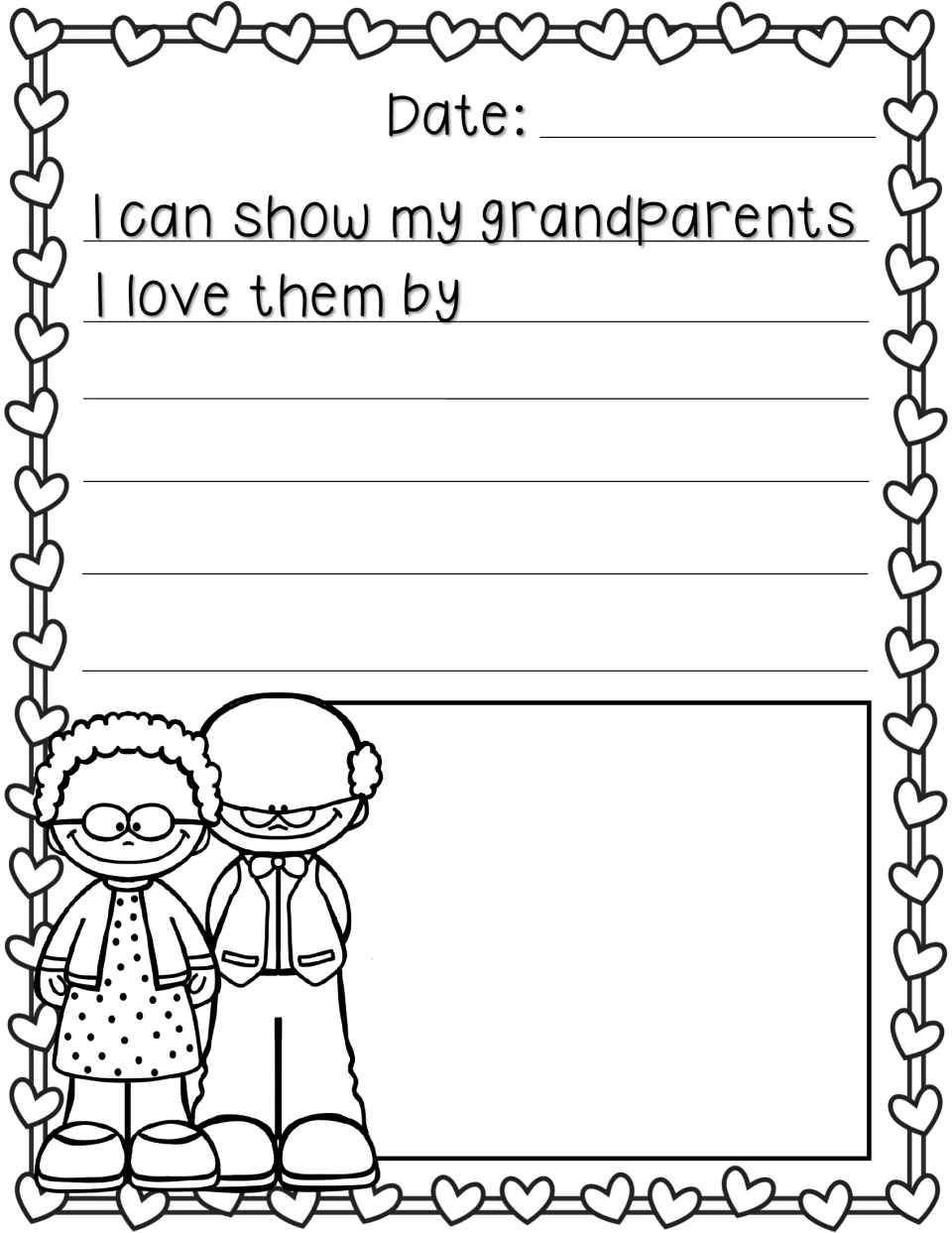 Prompt 'I can show my grandparents I love them by...': students write and draw ideas; a grandma and grandpa are pictured