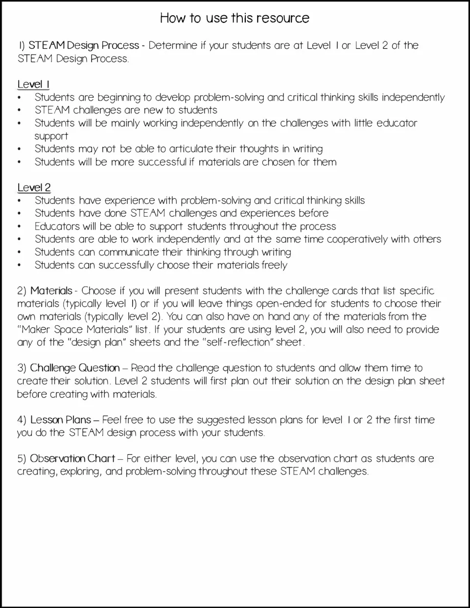 How to use this resource: choosing Level 1 or 2, materials, challenge question, lesson plans and observation chart