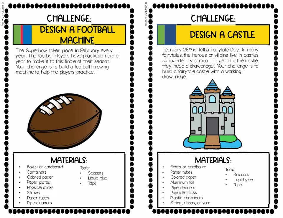 Challenge cards: students build a football throwing machine and a fairytale castle with a working drawbridge