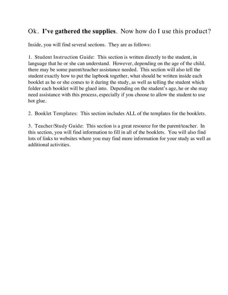 Lapbook section guide explaining the Student Instruction Guide, Booklet Templates, and Teacher/Study Guide