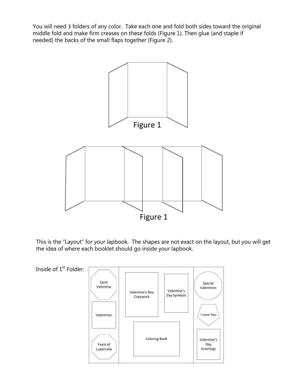 Lapbook assembly directions for joining three folders, plus placement of eight activities inside Folder 1