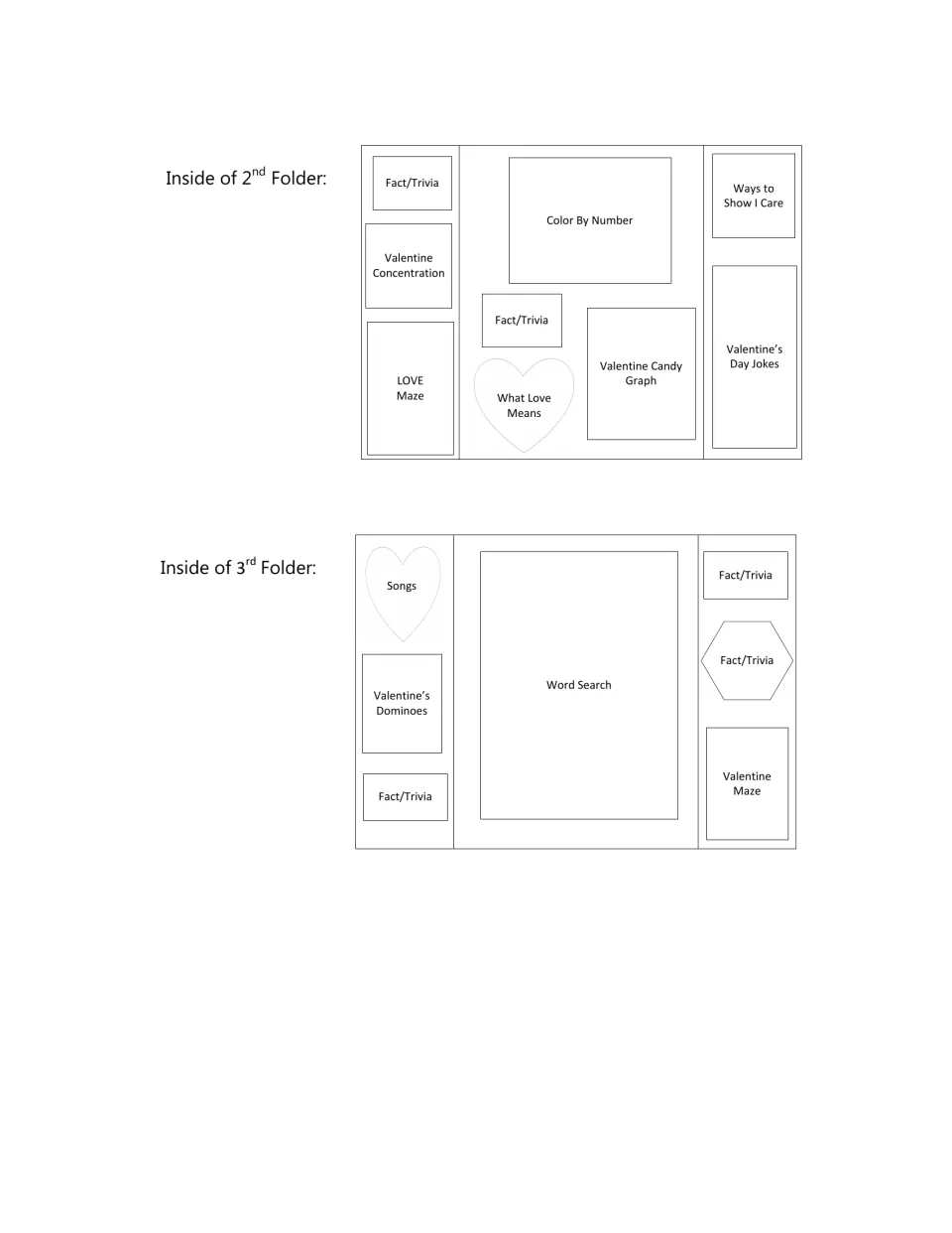 Lapbook placement guides for Folders 2 and 3, including Color By Number, Valentine Candy Graph, and Word Search