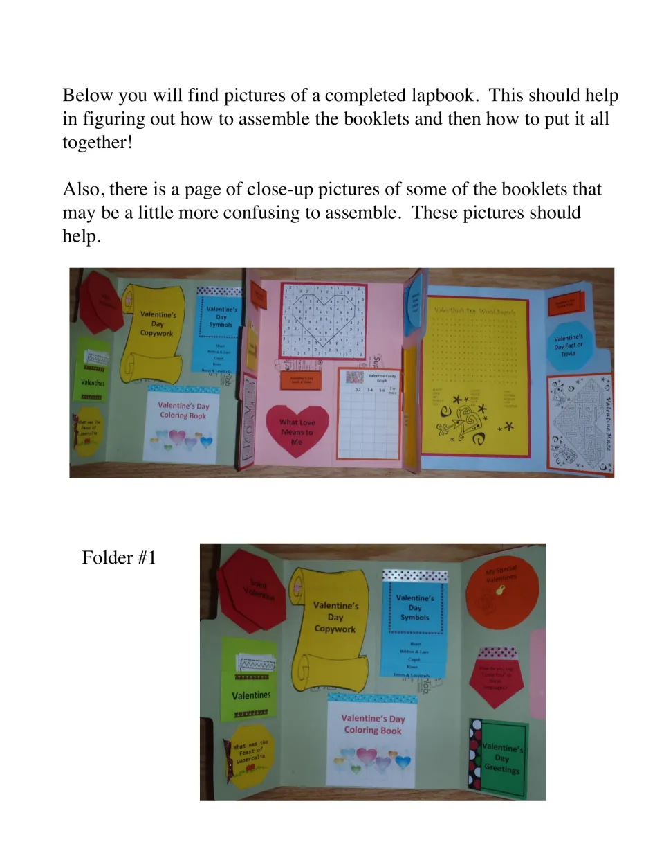 Completed lapbook examples showing all three joined folders and a closer view of Folder 1 with its booklets