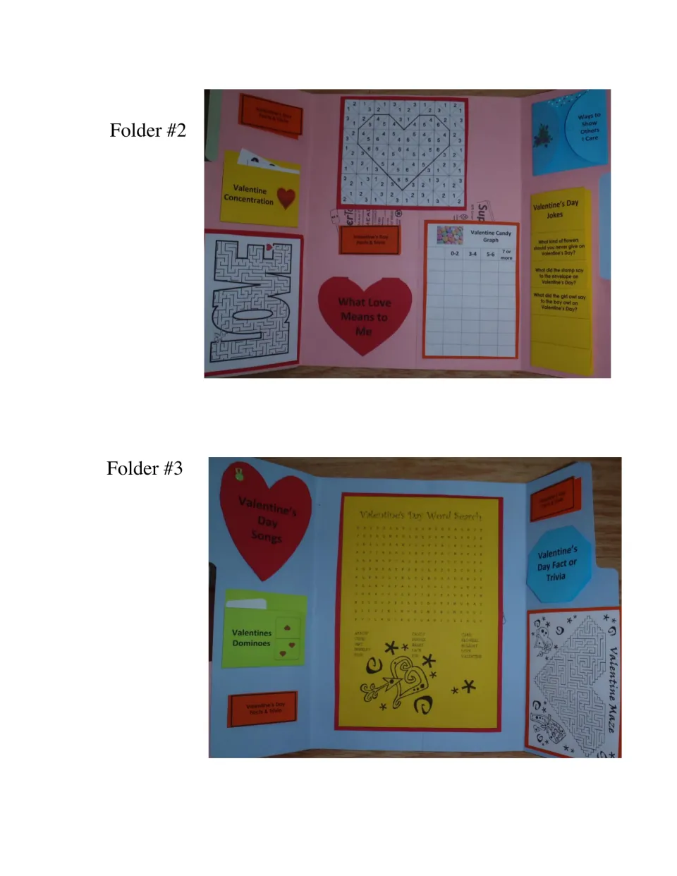 Completed lapbook examples of Folders 2 and 3 showing the candy graph, jokes, songs, dominoes, and word search