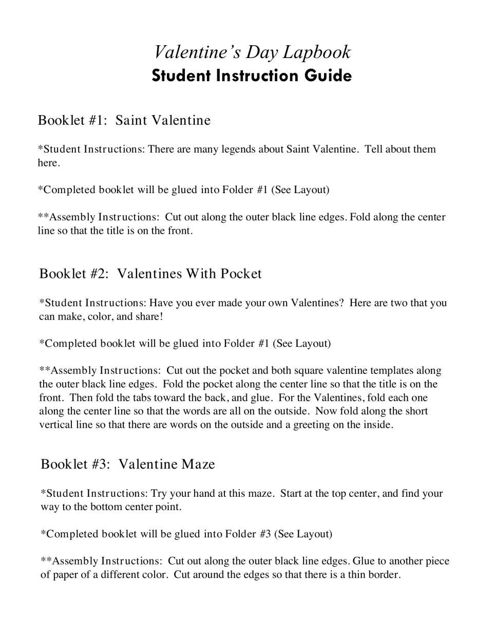 Student and assembly instructions for lapbook booklets 1–3: Saint Valentine, Valentines With Pocket, and a maze
