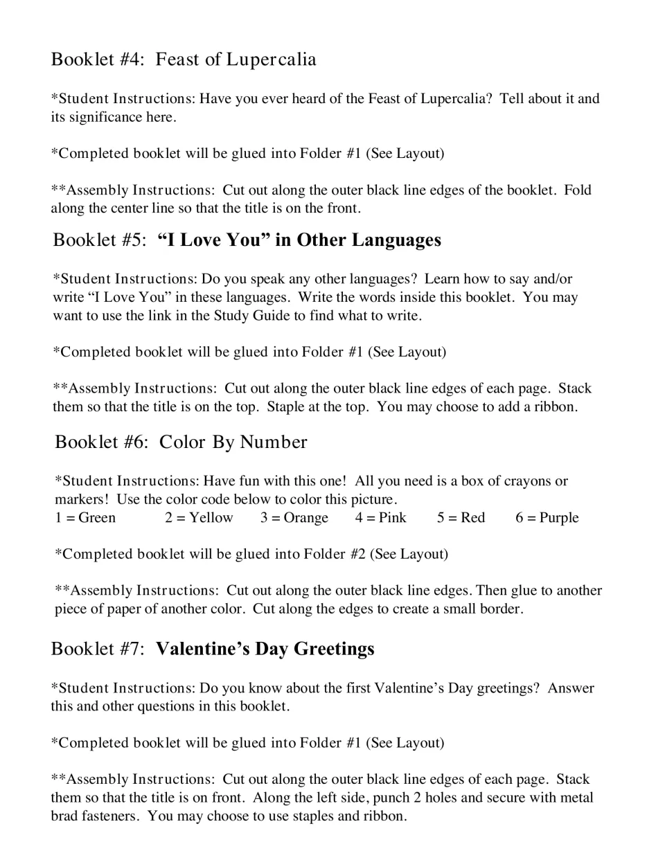 Lapbook booklet instructions 4–7: Lupercalia, “I Love You” in other languages, Color By Number, and greetings