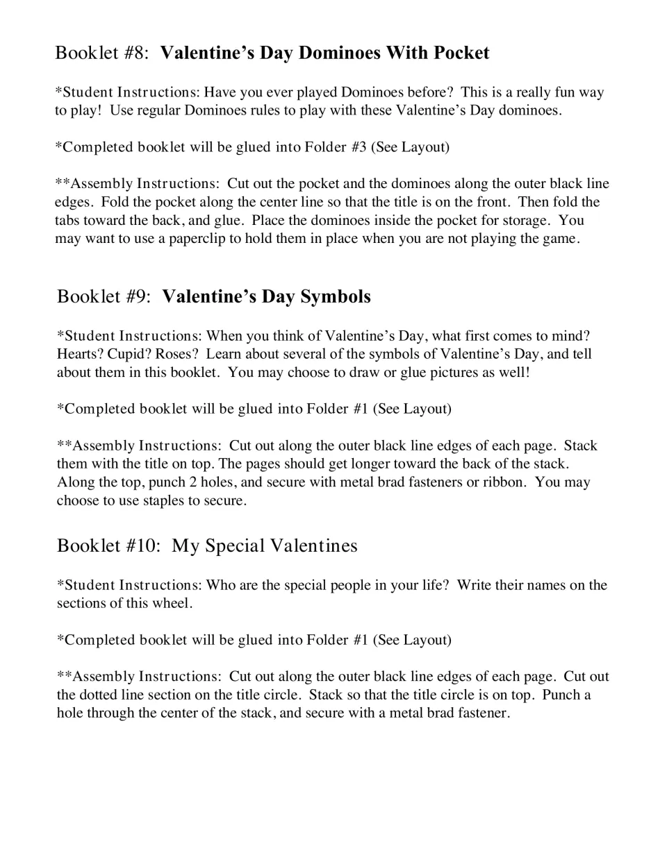 Lapbook booklet instructions 8–10: dominoes with a storage pocket, holiday symbols, and My Special Valentines