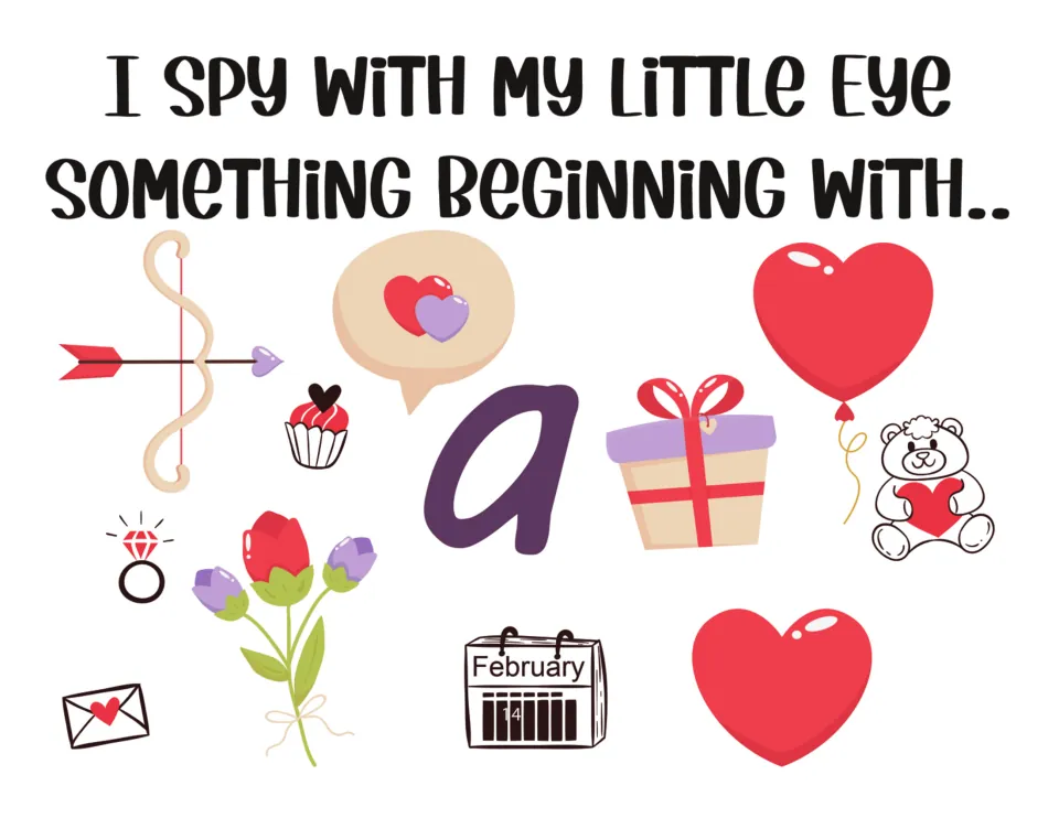 I spy letter a: students find the item beginning with a among Valentine pictures like a bow and arrow, ring and gift