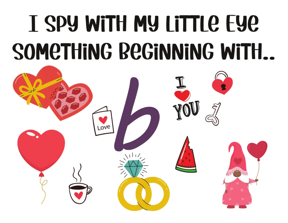 I spy letter b: students pick the picture starting with b from heart balloon, coffee cup, rings, watermelon and gnome