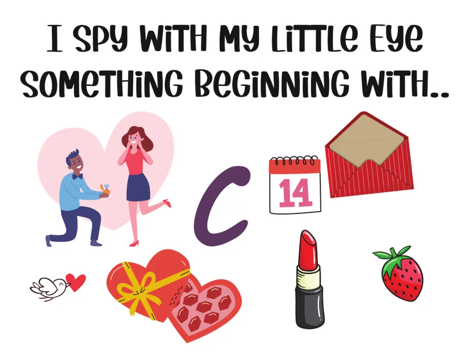 I spy letter c: students spot what begins with c among chocolates, calendar, envelope, lipstick and strawberry