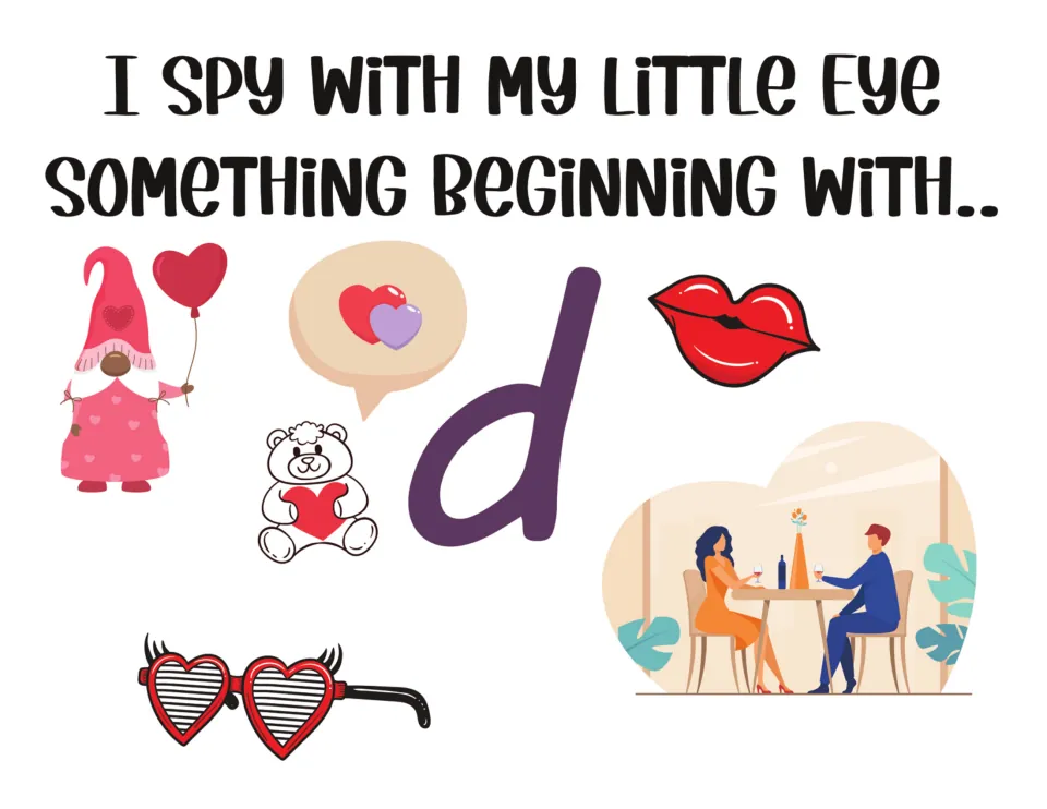 I spy letter d: students find the d word among a gnome, teddy bear, lips, heart glasses and a couple dining