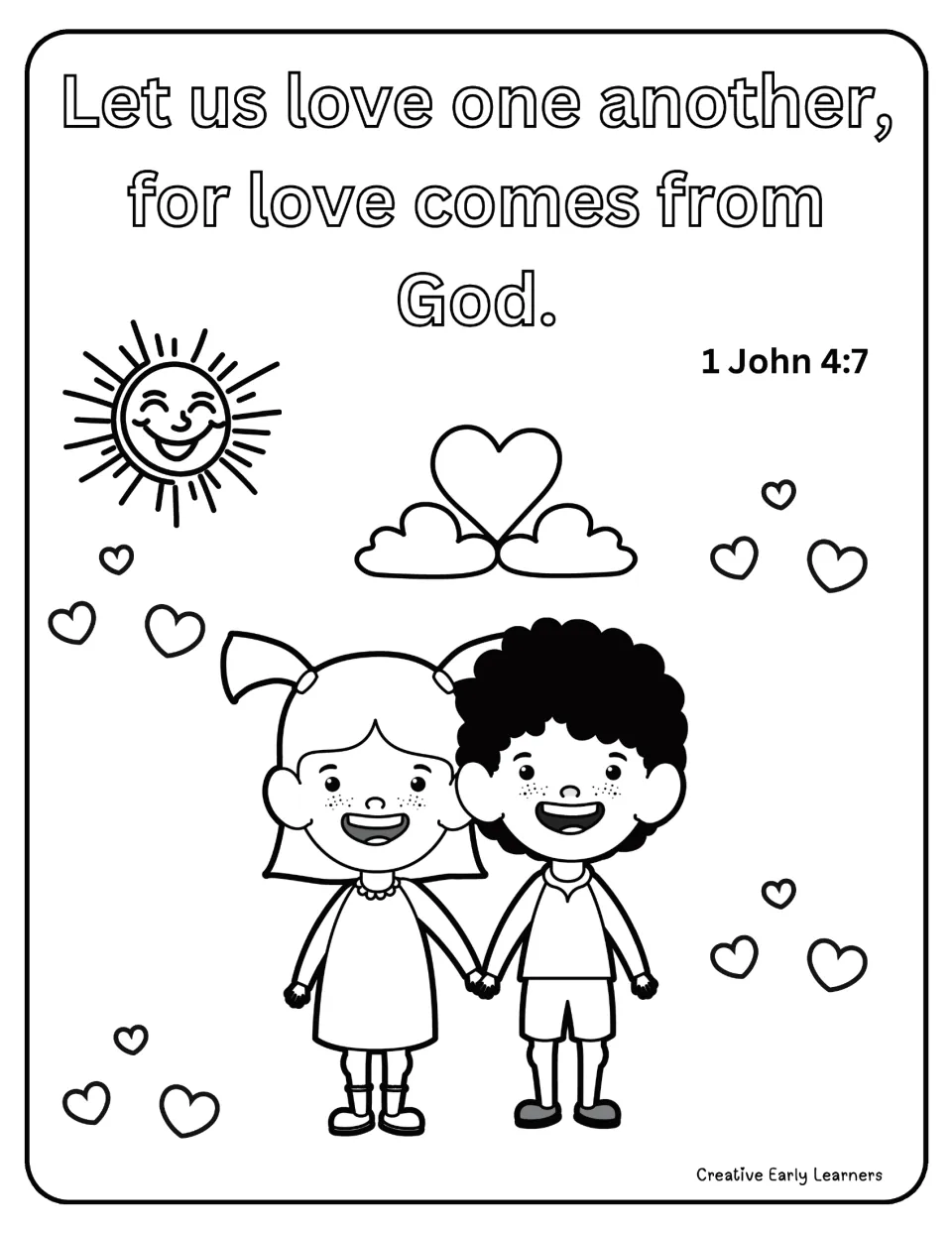 1 John 4:7 coloring page, "Let us love one another": students color two children holding hands, a sun and hearts
