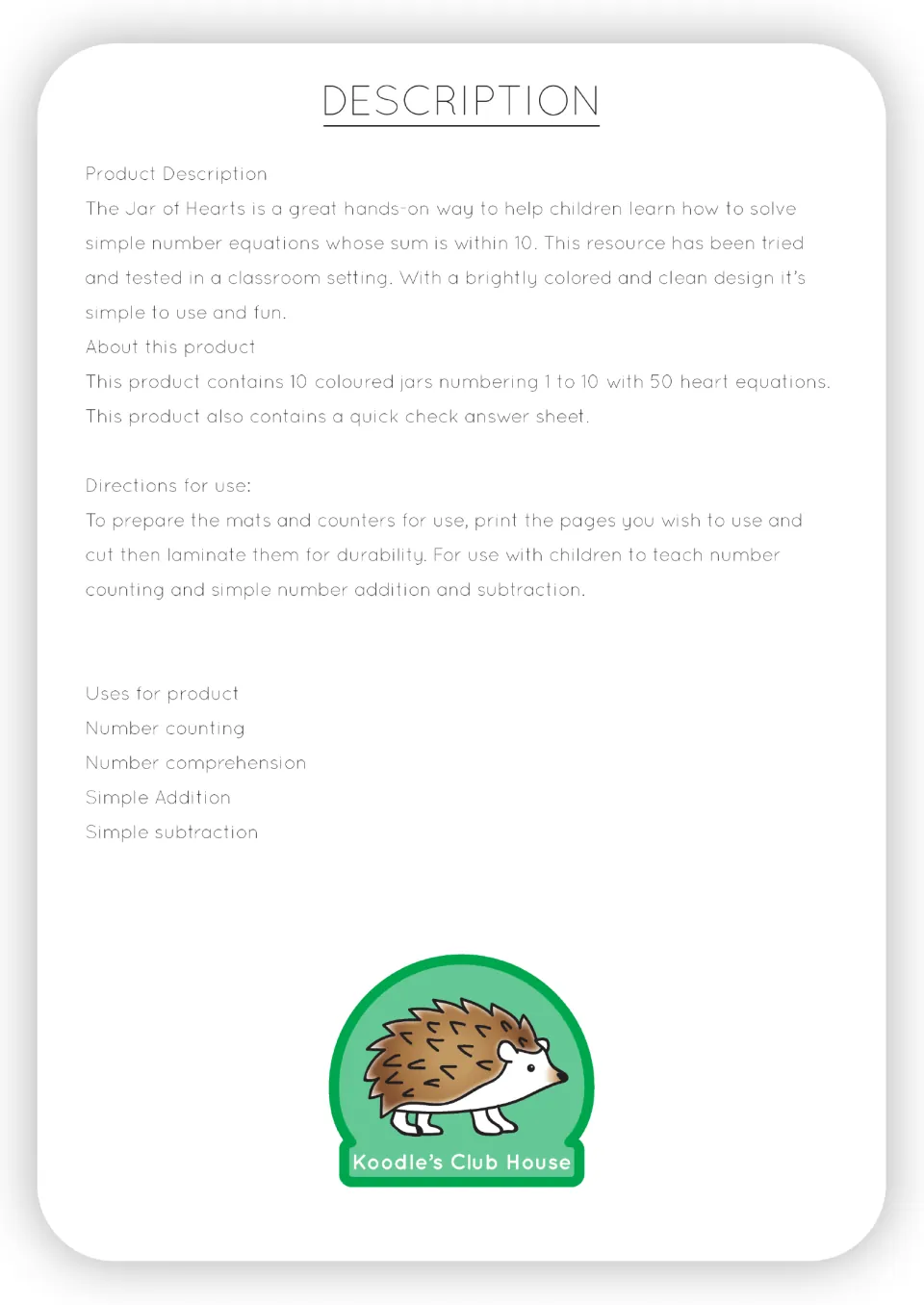 Description of the jar of hearts set: 10 jars numbered 1 to 10, 50 heart equations, an answer sheet and prep steps