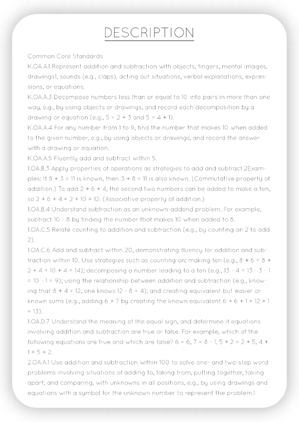 Common Core standards list for the game, from K.OA.A.1 on representing addition and subtraction through 2.OA.A.1