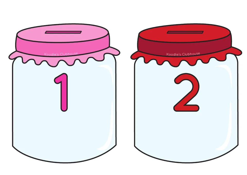 Number jars 1 and 2 with pink and red lids and slots: students place heart equation cards that equal each jar's number