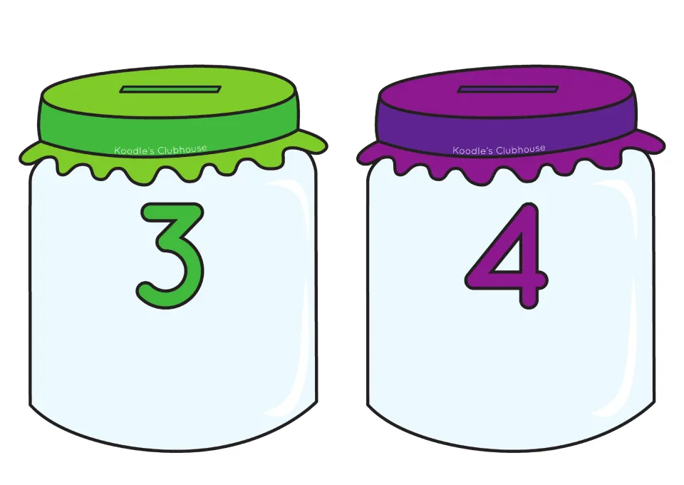Number jars 3 and 4 with green and purple lids: targets for matching addition and subtraction hearts to their answers