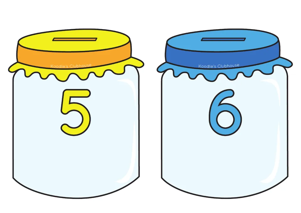 Number jars 5 and 6 with yellow and blue lids, where students sort heart cards whose equations make 5 or 6