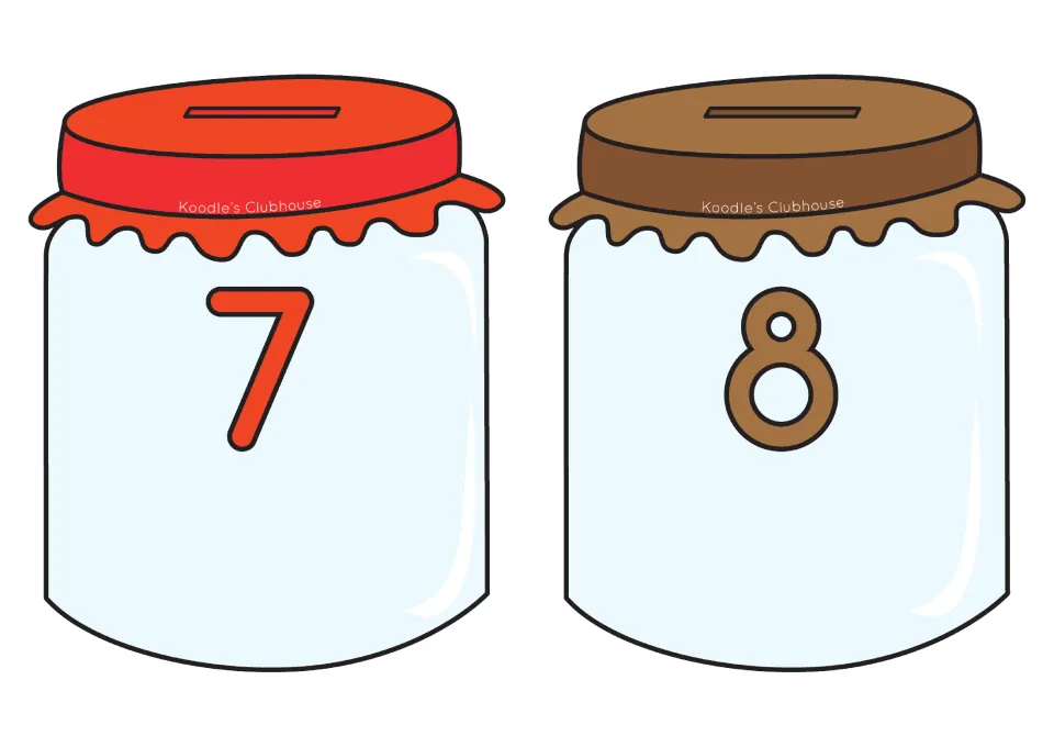 Number jars 7 and 8 with orange-red and brown lids for matching heart equations to the sum or difference shown