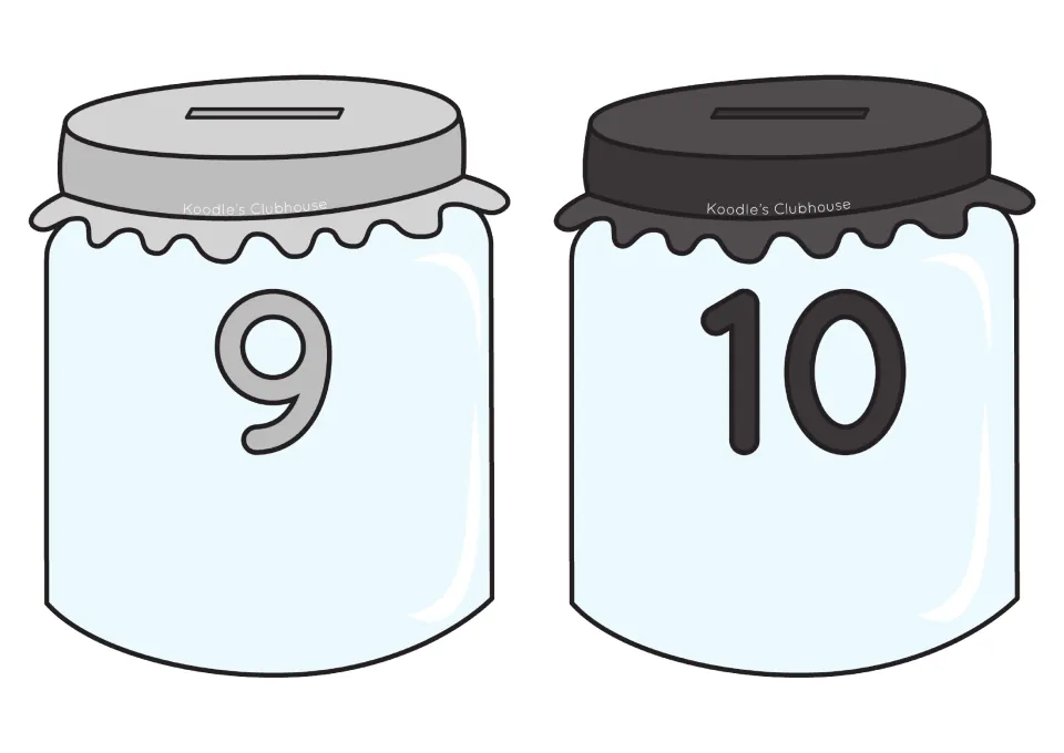 Number jars 9 and 10 with gray and black lids, the final targets for matching heart equation cards within 10