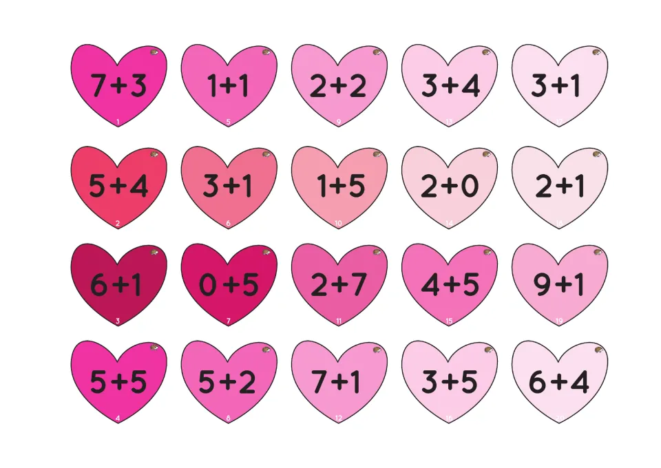 Heart equation cards to cut out: 20 pink hearts with addition facts such as 7+3, 2+7 and 6+4 for matching to jars