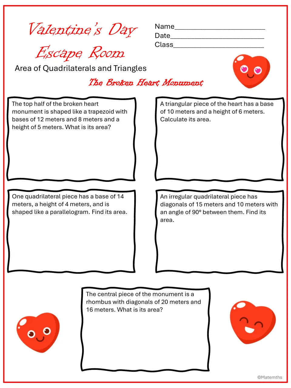 The Broken Heart Monument: students find areas of a trapezoid, triangle, parallelogram, quadrilateral and rhombus