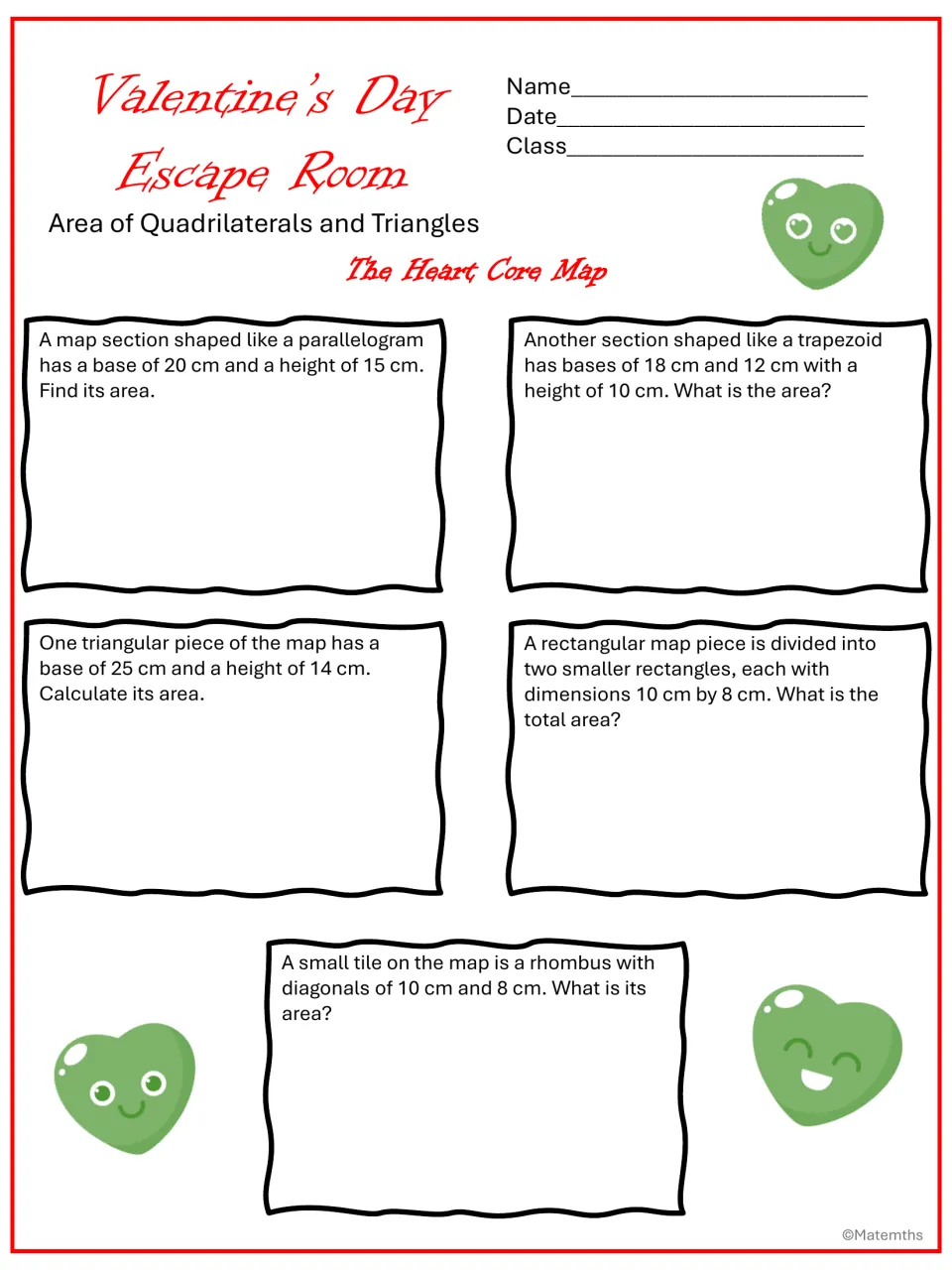 The Heart Core Map: area problems in centimeters for a parallelogram, trapezoid, triangle, two rectangles and a rhombus