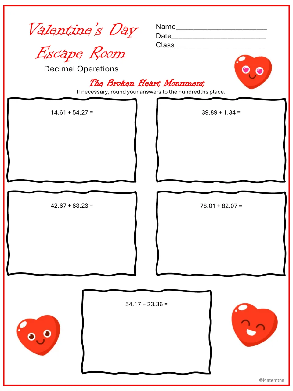 The Broken Heart Monument: students add five pairs of decimals, such as 14.61 + 54.27, rounding to the hundredths place