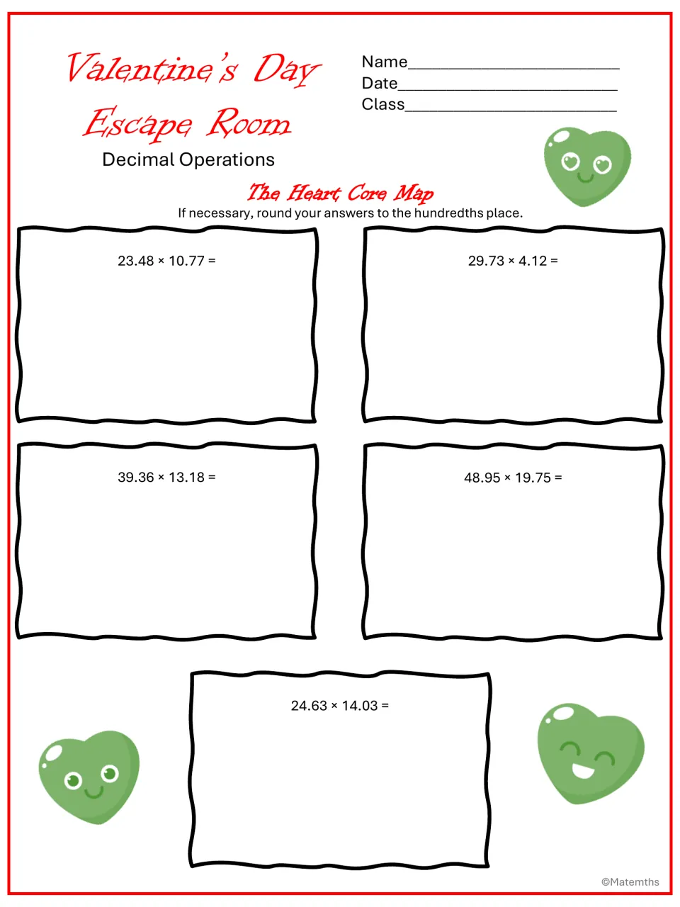 The Heart Core Map: students multiply decimals in five problems such as 23.48 × 10.77, rounding to the hundredths place