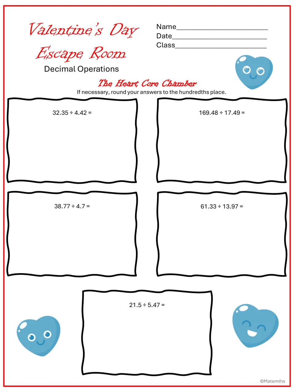 The Heart Core Chamber: students divide decimals in five problems like 32.35 ÷ 4.42, rounding quotients to the hundredths