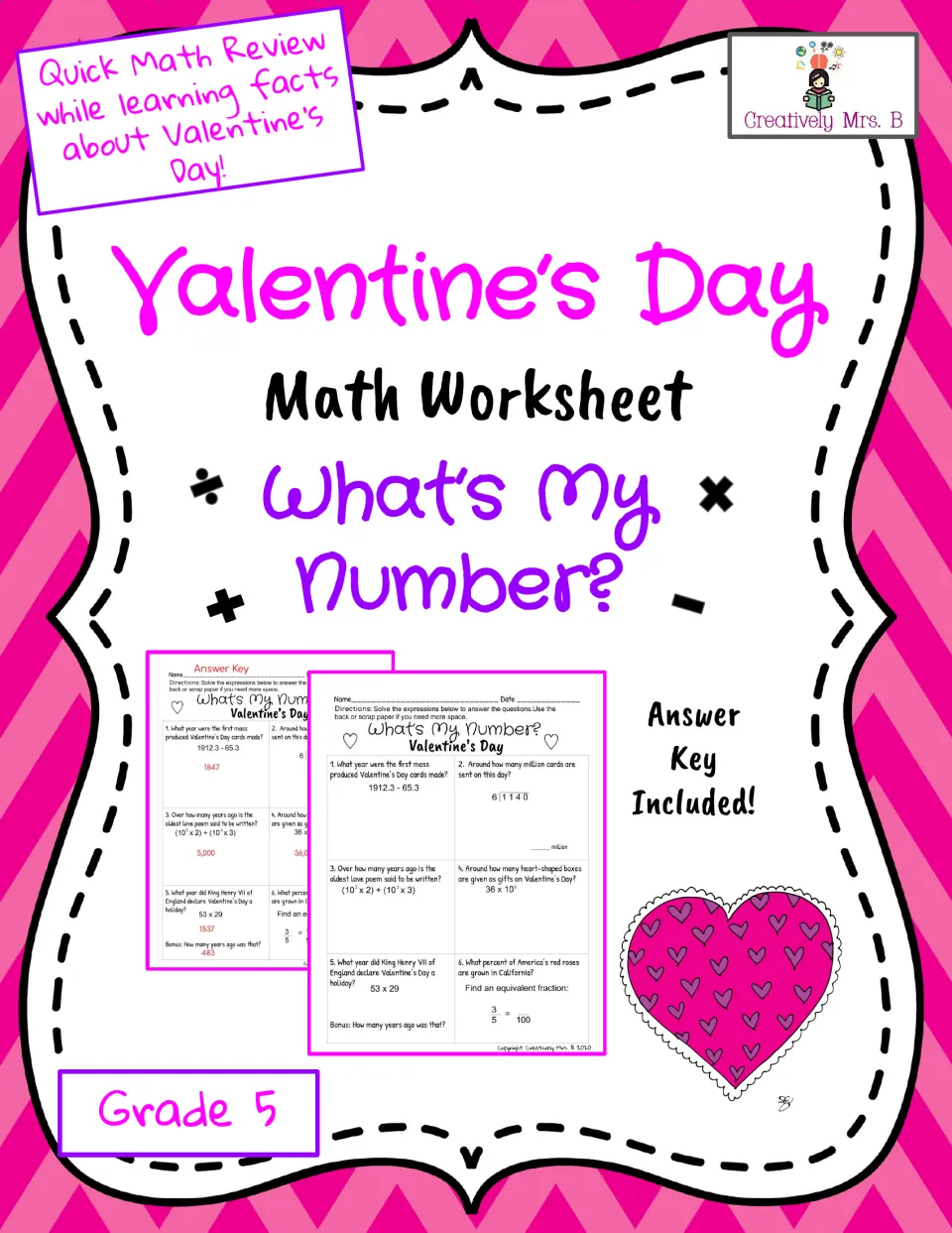 Cover for a Grade 5 Valentine's Day math worksheet, What's My Number?, with a quick math review and answer key
