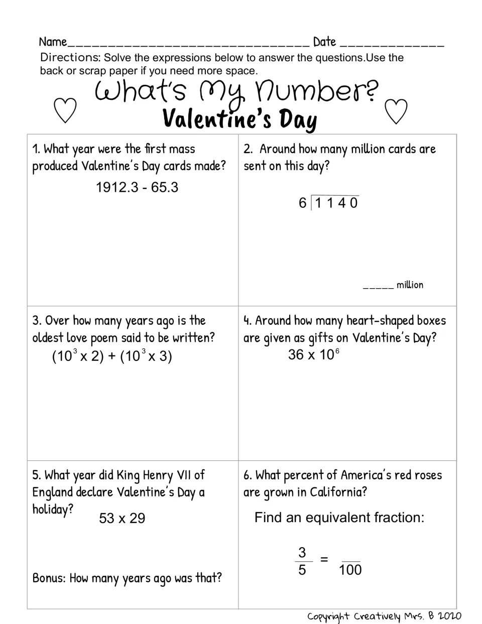 What's My Number? Valentine's Day: students solve six expressions with decimals, division and exponents to answer trivia