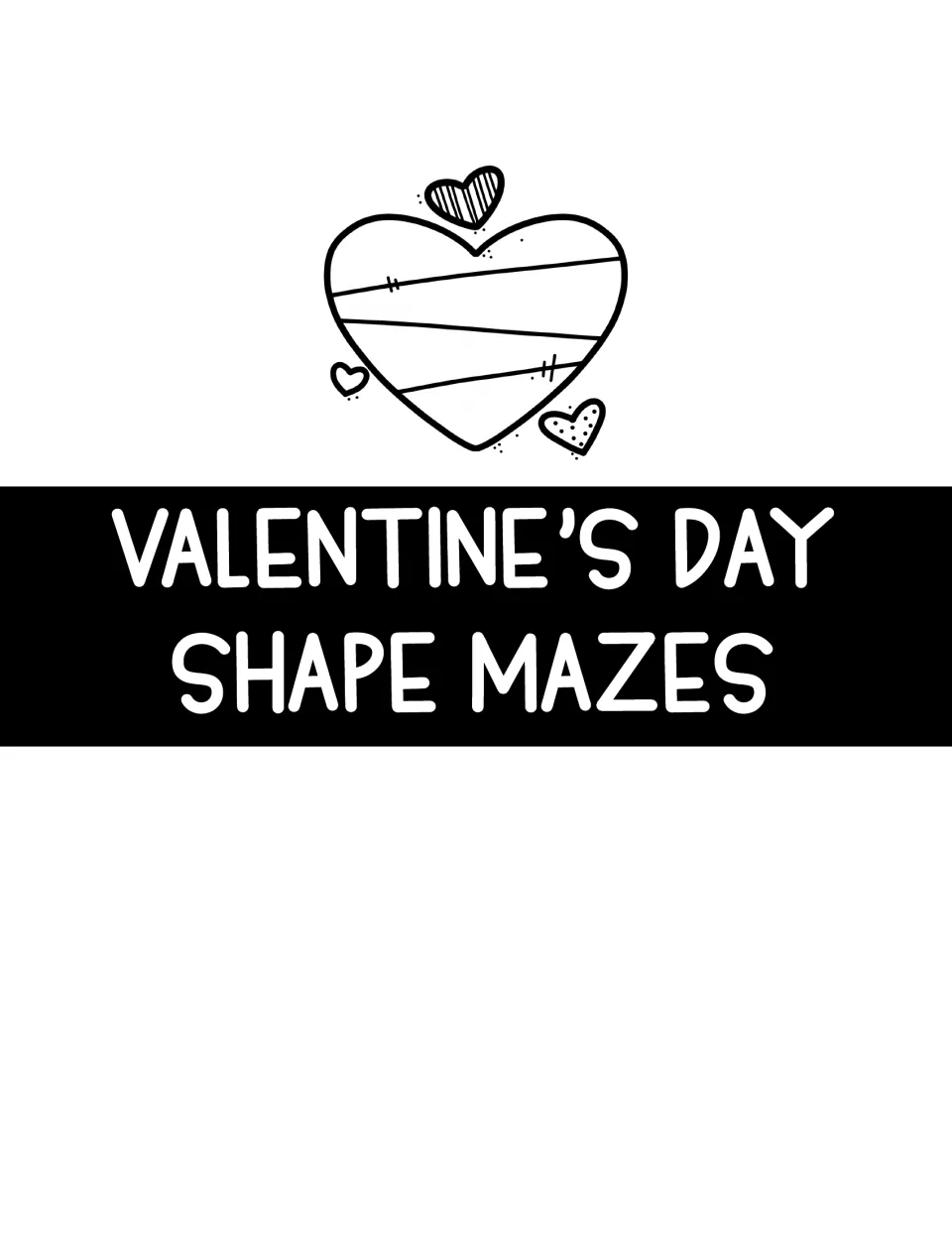 Section title “Valentine’s Day Shape Mazes” introduces the collection’s next group of themed maze puzzles