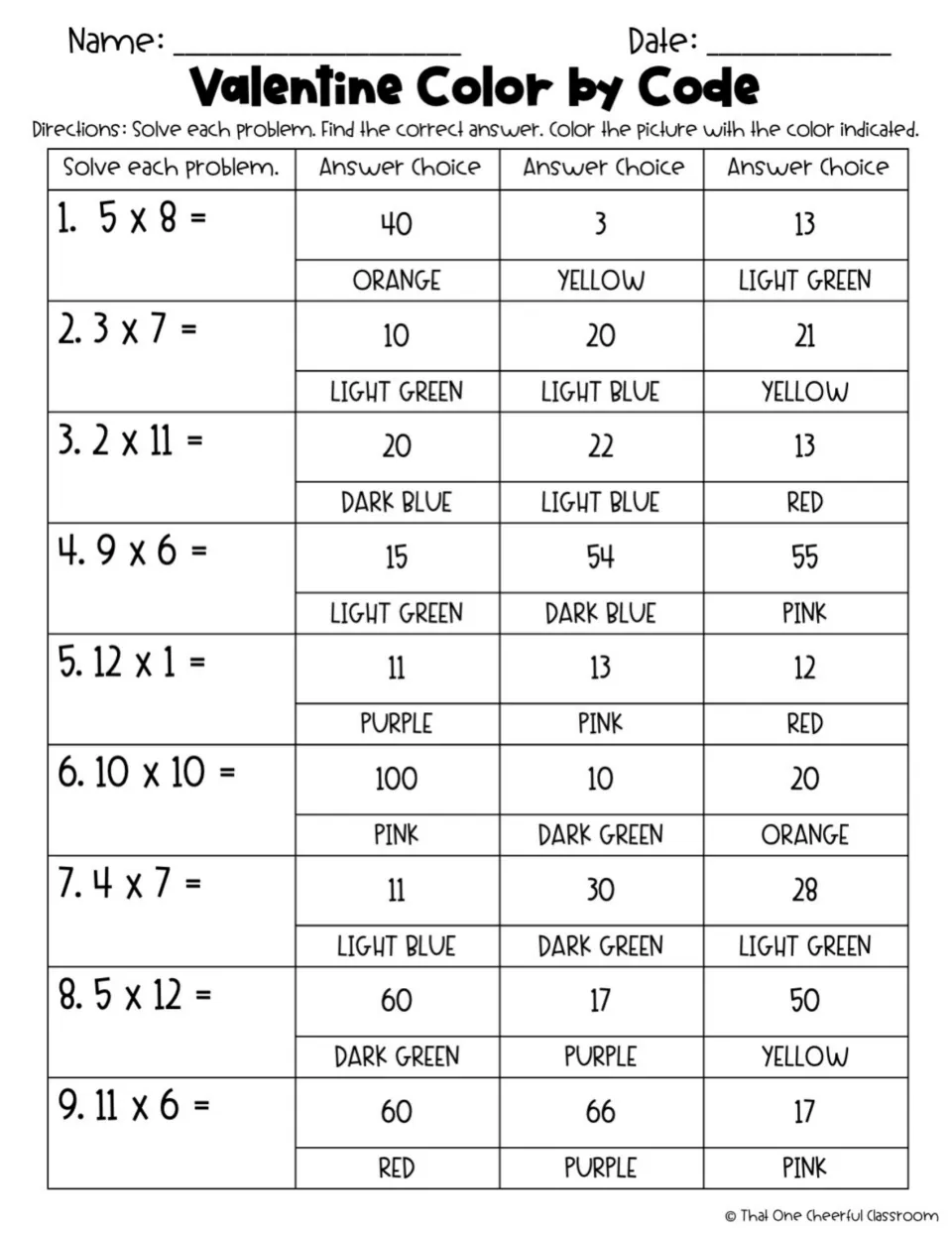 Multiplication facts: students solve 9 problems such as 5 x 8 and 11 x 6, then pick the matching answer's color