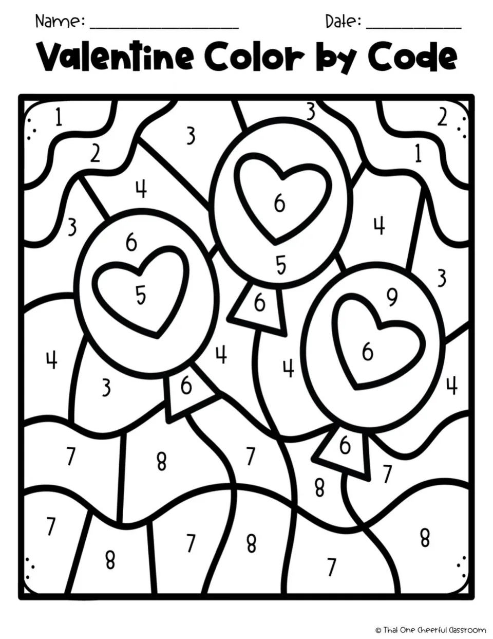 Color-by-number picture of three heart balloons, numbered 1 to 9, colored using the multiplication code sheet