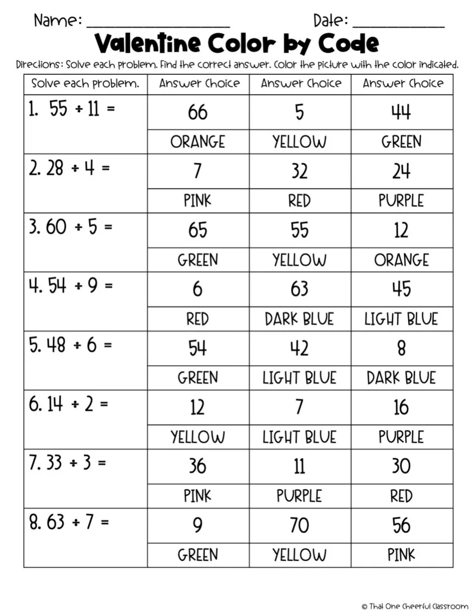 Division facts: students solve 8 problems such as 55 ÷ 11 and 63 ÷ 7, then choose the color under the correct quotient