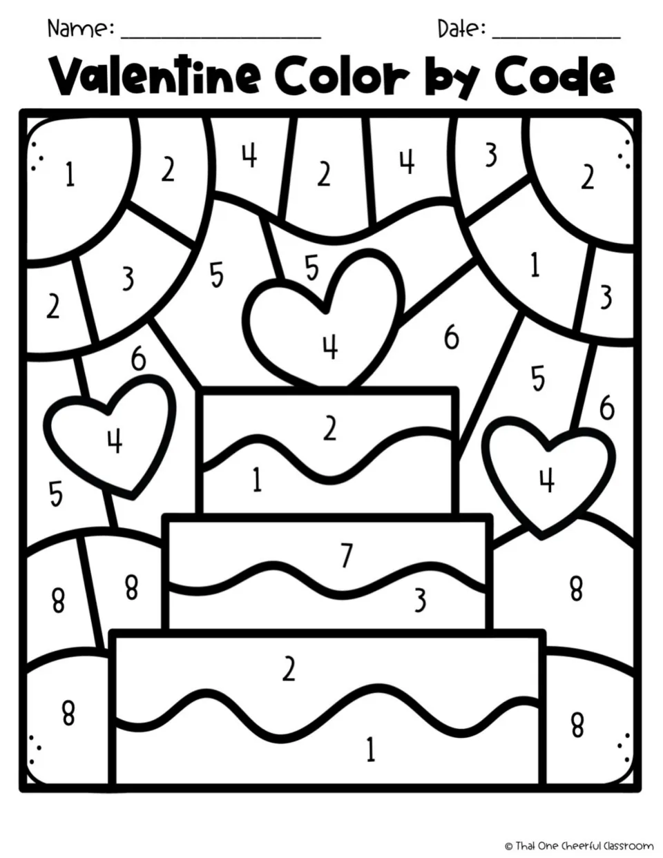 Color-by-number picture of a three-tier cake topped with a heart, spaces numbered 1 to 8 to color with the division code