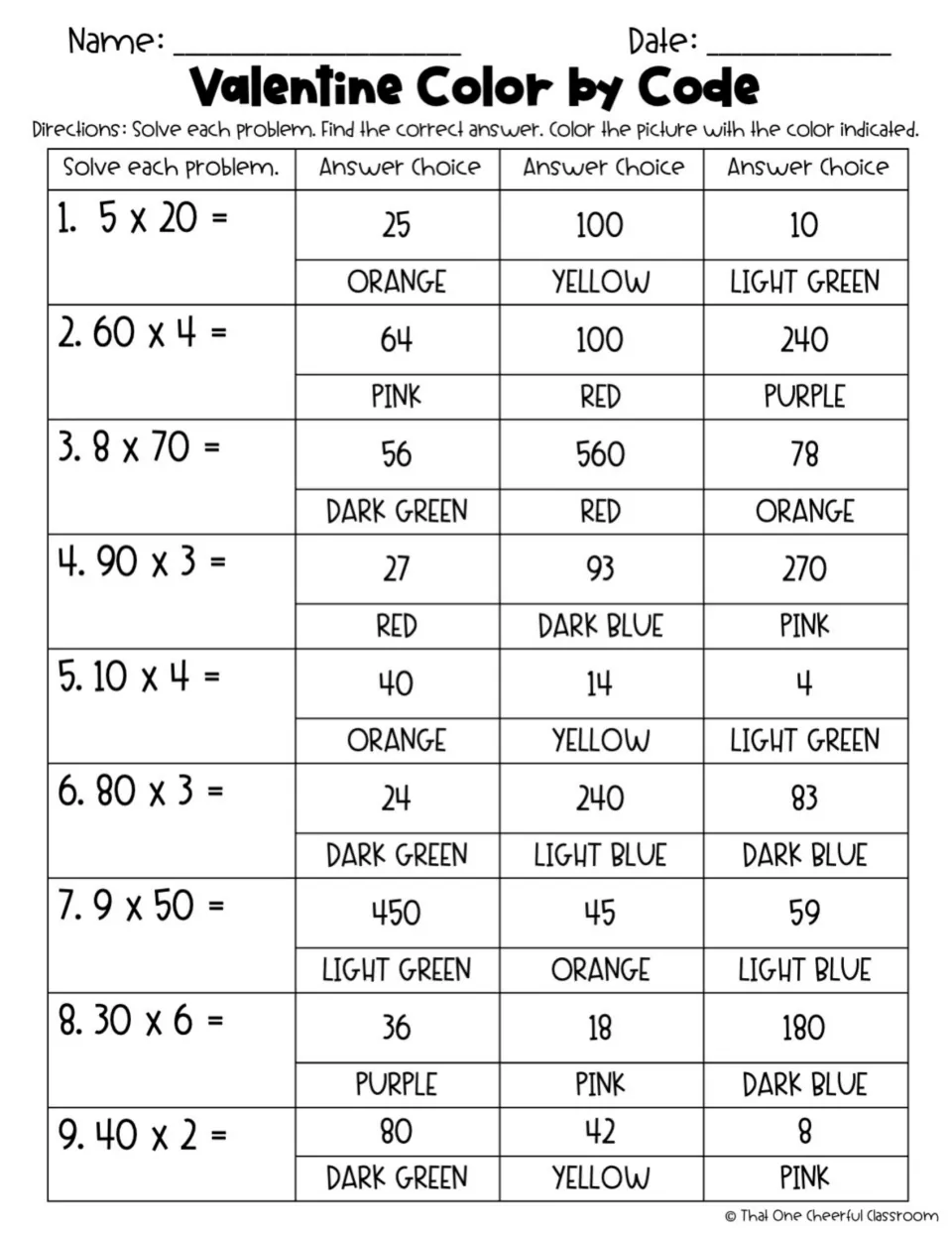 Multiplying by multiples of 10: students solve 9 problems like 5 x 20 and 8 x 70, then pick the color for each product