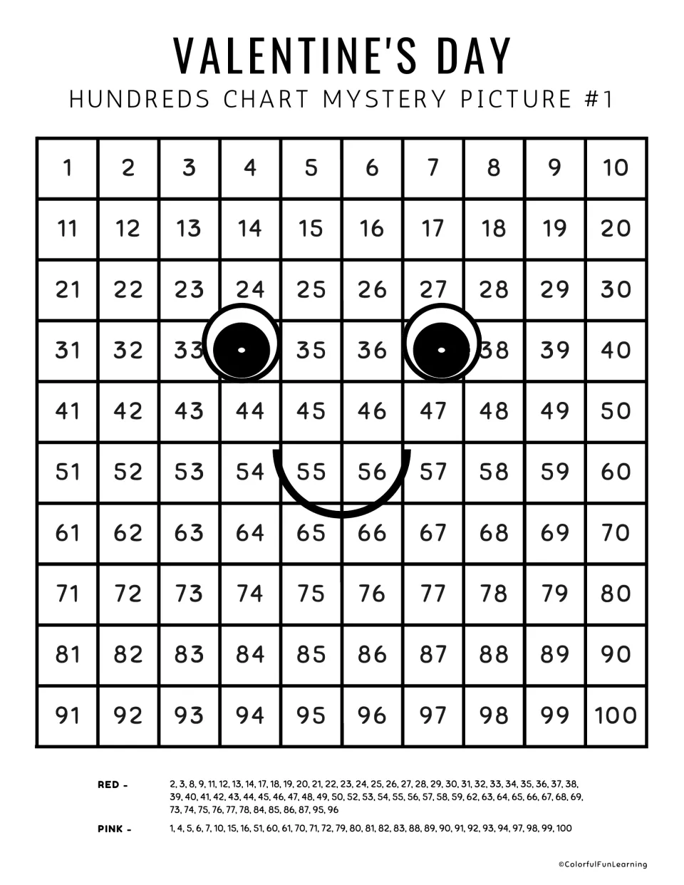 Mystery picture 1 numbered practice chart includes numbers 1–100, a smiling face, and red and pink clues.