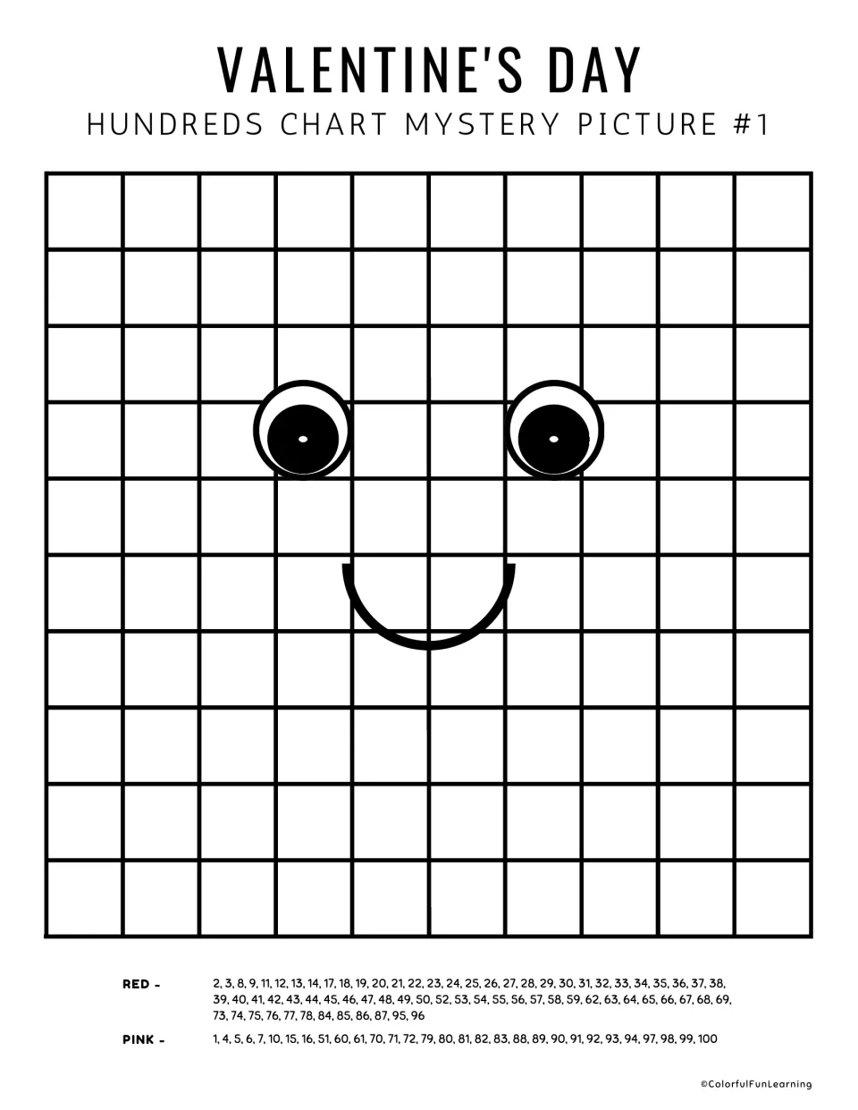 Mystery picture 1 unnumbered practice chart includes a smiling face and red and pink number-color clues.