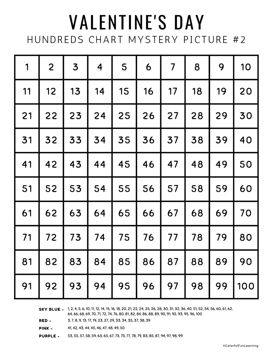 Mystery picture 2 numbered practice chart includes numbers 1–100 and sky blue, red, pink, and purple clues.