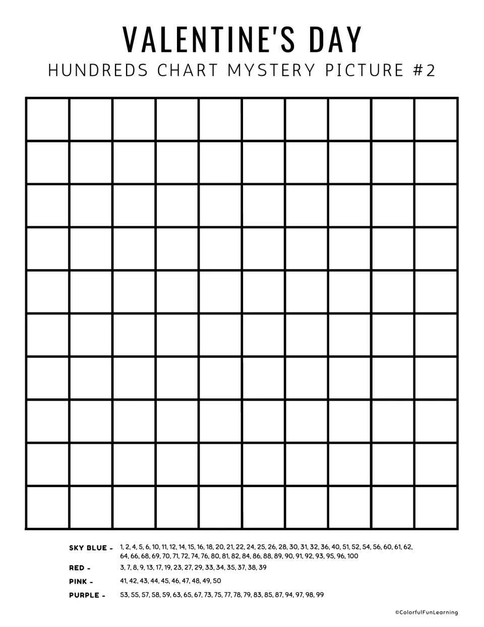 Mystery picture 2 unnumbered practice chart provides sky blue, red, pink, and purple number-color clues.