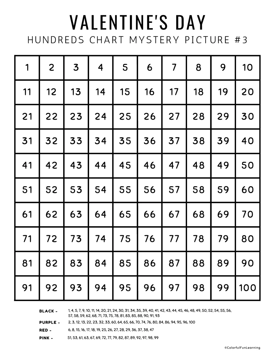 Mystery picture 3 numbered practice chart includes numbers 1–100 and black, purple, red, and pink clues.
