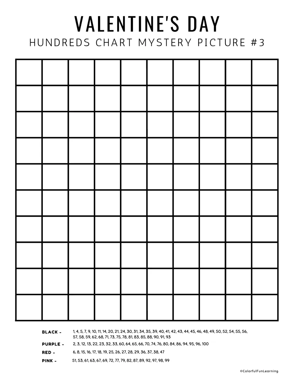 Mystery picture 3 unnumbered practice chart provides black, purple, red, and pink number-color clues.
