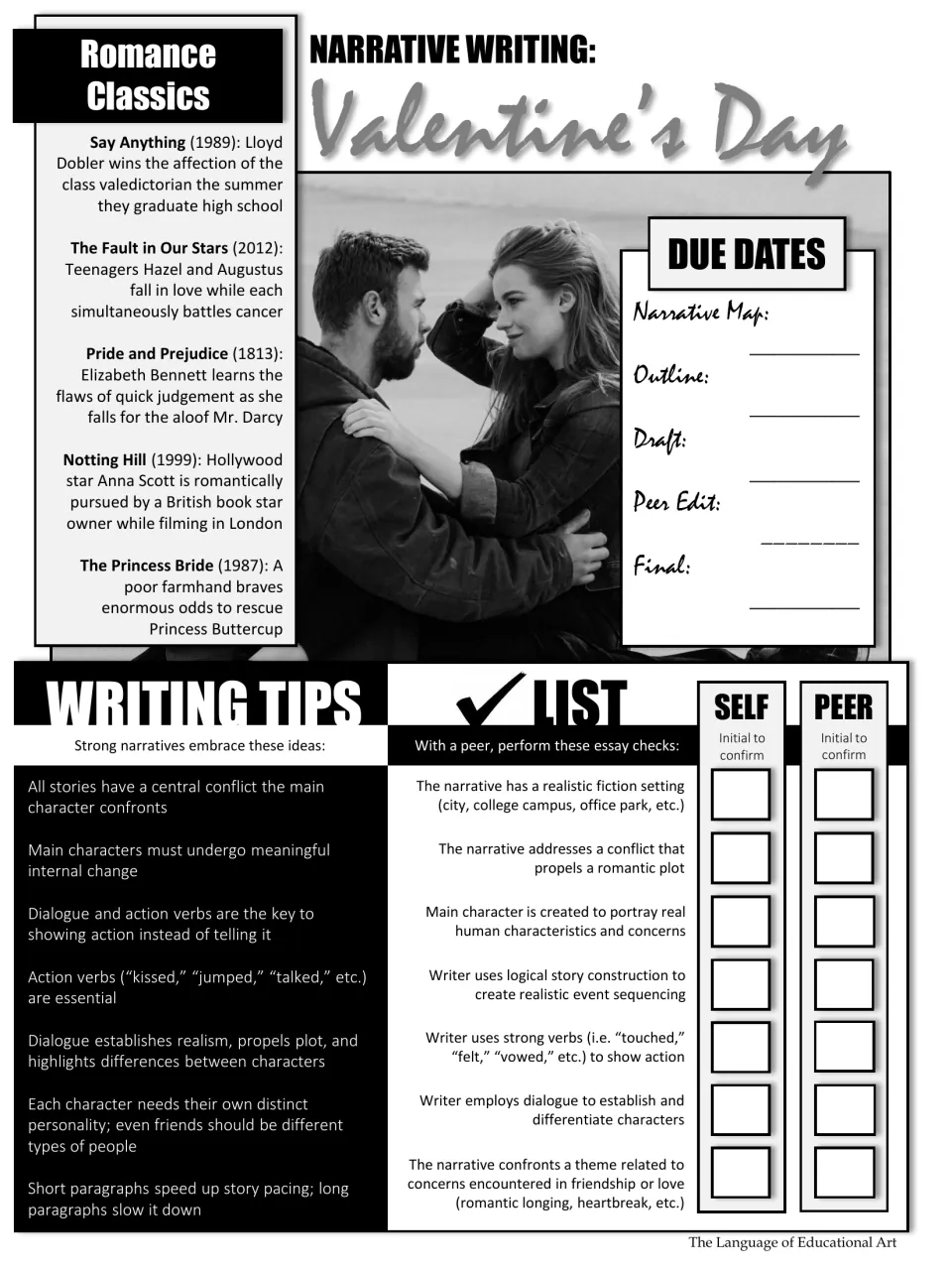 Black-and-white writing guide with romance classics, due dates, narrative tips, and self and peer checks
