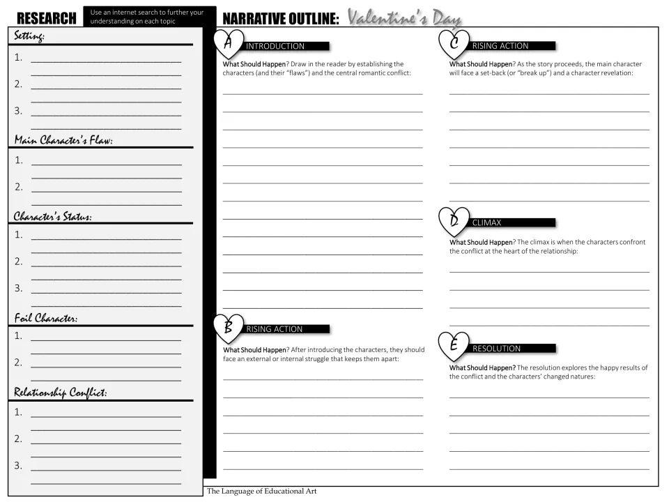 Black-and-white research and outline page covering introduction, rising action, climax, and resolution