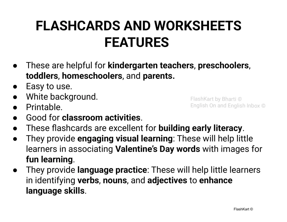 Flashcard and worksheet features describe printable pages, visual vocabulary learning, and language practice.